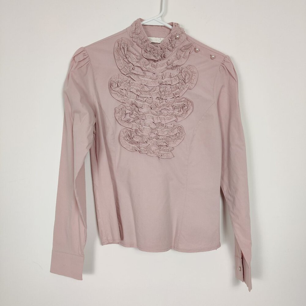 Famelin Women's Blouse Size 2 Pink Pearl Lace Mock Neck Business Casual Elegant